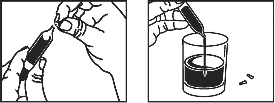 Надломите ампулу с двух сторон, как показано на рисунке и содержимое ампулы вылейте в стакан.